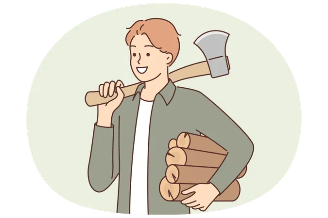 Man lumberjack holds ax and logs for making fire during hike or camping with night halt  Illustration