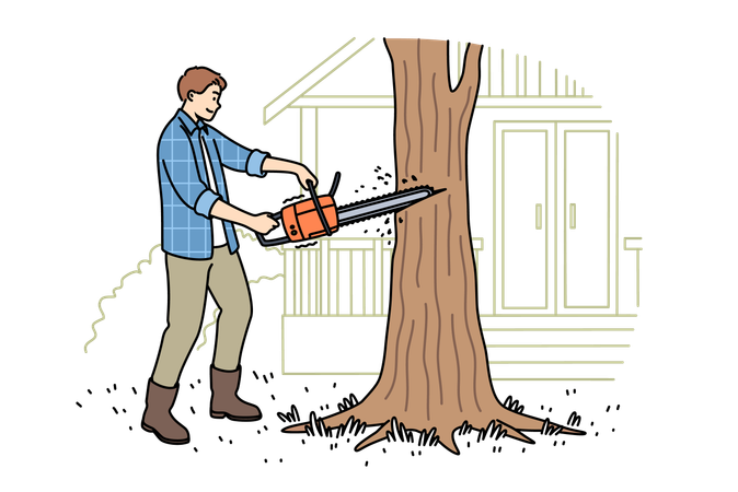 Man lumberjack uses chainsaw to get rid of old and diseased tree growing near house  일러스트레이션