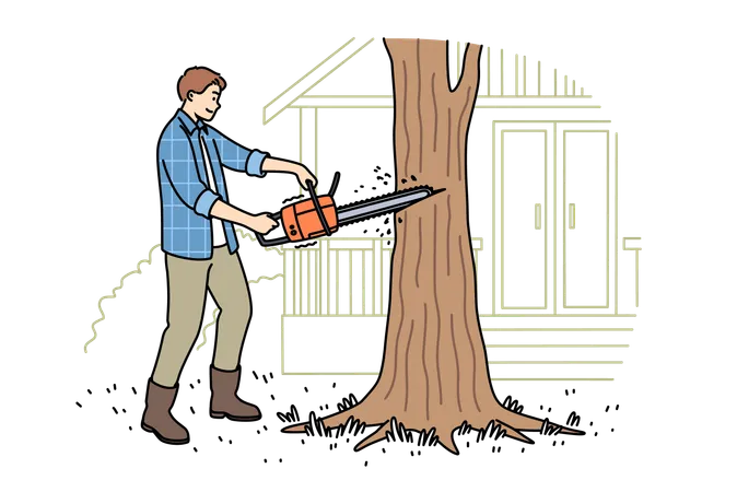 Man lumberjack uses chainsaw to get rid of old and diseased tree growing near house  일러스트레이션