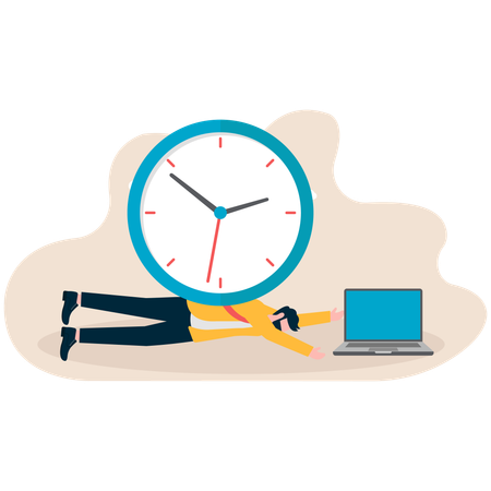 Man lying down holding a big clock on his feet and working on a laptop  Illustration