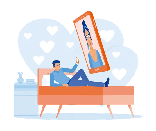 Man lying in bed while talking to female friend who on mobile screen  Illustration