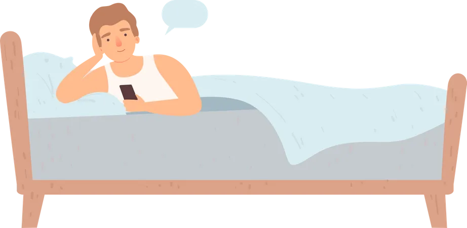 Man lying on bed and using mobile  Illustration