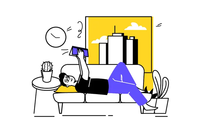 Man lying on couch and Reading book  Illustration