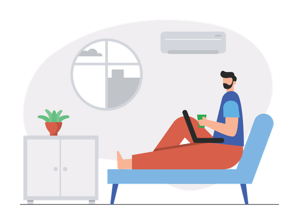 Man lying on couch and working on laptop  Illustration