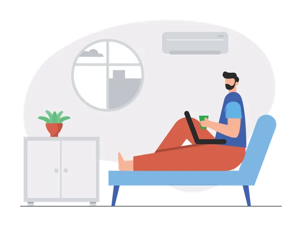 Man lying on couch and working on laptop  Illustration