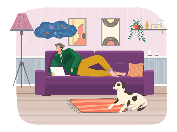 Man lying on couch with laptop Illustration