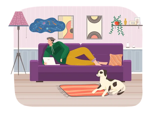 Man Lying On Couch With Computer Holding Laptop And Correspondence Surfing In Internet Male Character Communicating With Friends Studying Remotely Sitting On Sofa Relaxing Resting After Work イラスト