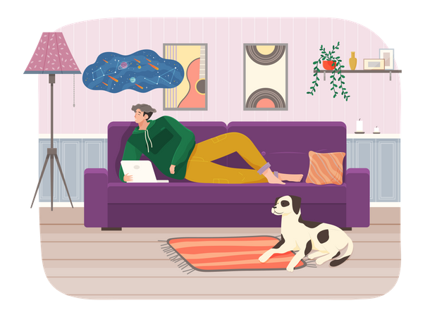 Man lying on couch with laptop  イラスト