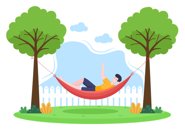 Man lying on hammock at park and relaxing  Illustration