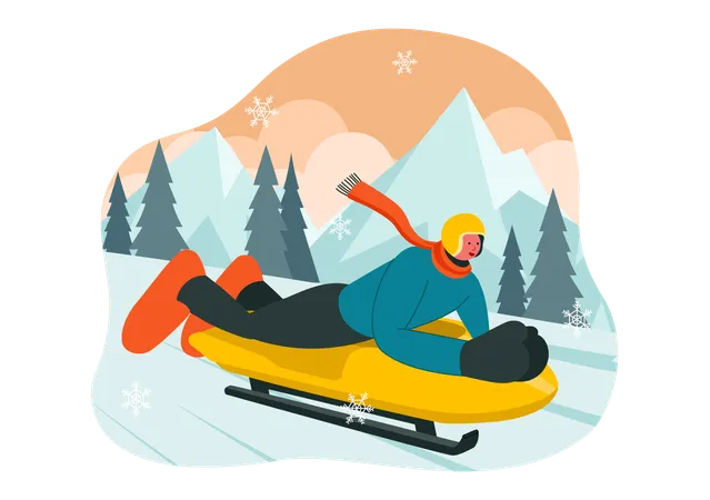 Man lying on sled and enjoying sledding ride on ice  Illustration