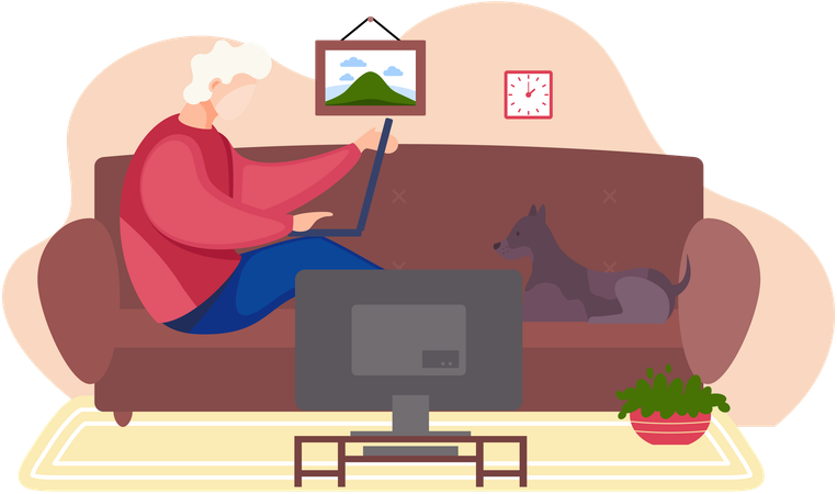 Man lying on sofa holding  laptop and correspondence surfing Internet at home  Illustration