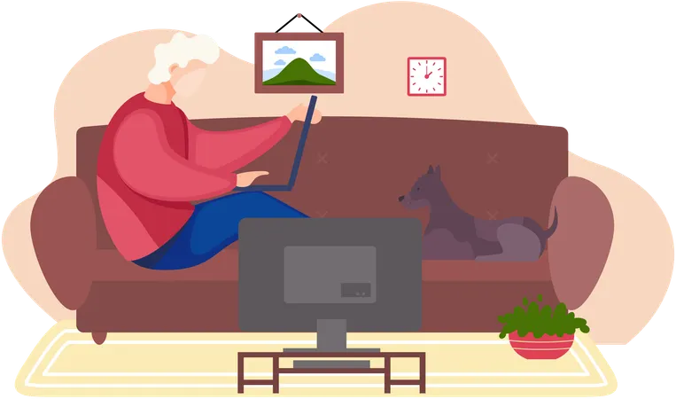 Man lying on sofa holding  laptop and correspondence surfing Internet at home  Illustration