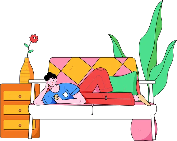 Man lying on sofa while watching tv at home  Illustration