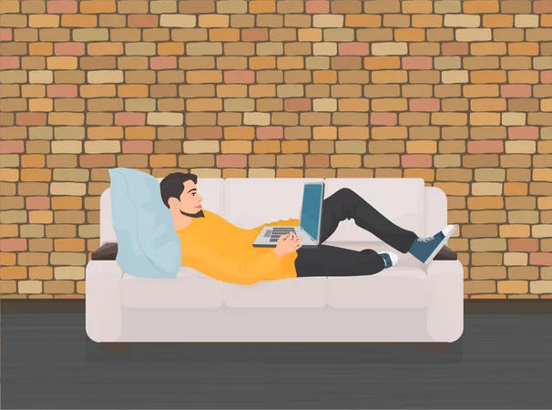 Man lying on sofa with laptop  Illustration