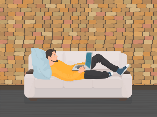 Man lying on sofa with laptop  イラスト