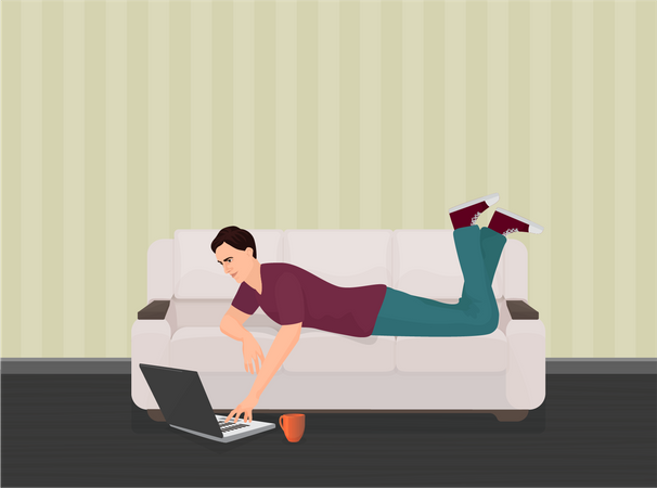 Man lying on sofa with laptop  イラスト