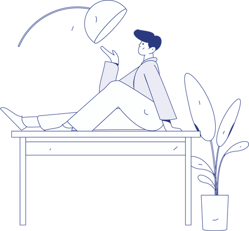 Man lying on table while showing lamp  Illustration