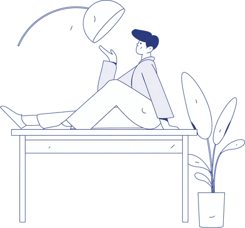 Man lying on table while showing lamp  Illustration
