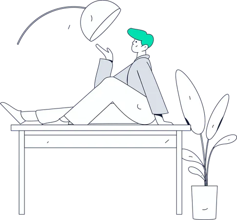 Man lying on table while showing lamp  Illustration