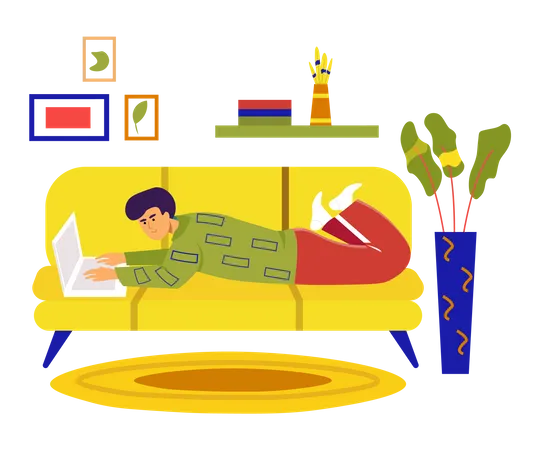 Man lying with laptop on sofa in room  Illustration