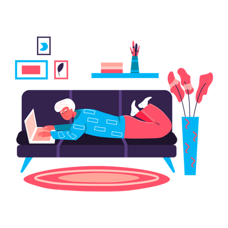 Man lying with laptop on sofa in room  イラスト