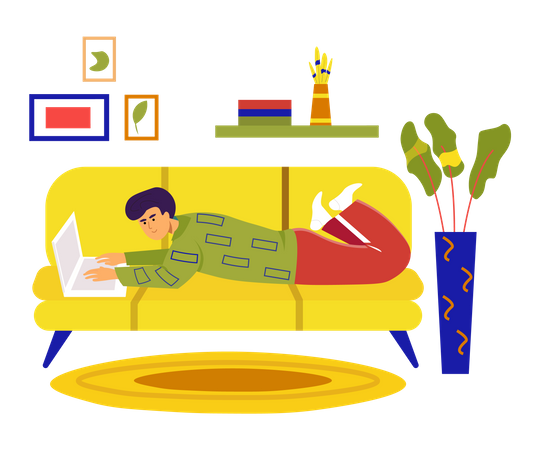 Man lying with laptop on sofa in room  イラスト