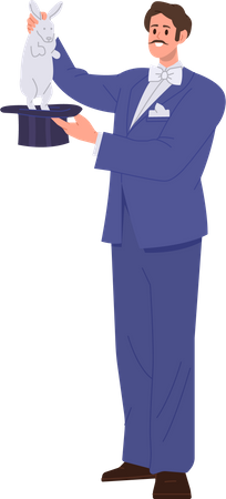 Man magician circus artist character in tailcoat costume pulling rabbit or bunny from top hat  Illustration