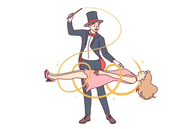 Man Magician Demonstrates Magic Trick By Making Woman Assistant Levitate During Circus Performance Guy Magician Dressed In Tuxedo And Classic Hat Entertaining Audience With Mysterious Tricks Illustration