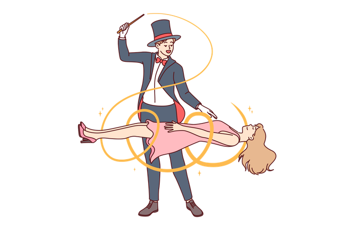 Man magician demonstrates magic trick by making woman assistant levitate during circus performance  Illustration