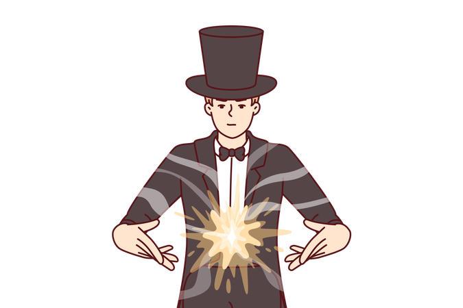Man magician demonstrates magic tricks to entertain guests of circus  イラスト