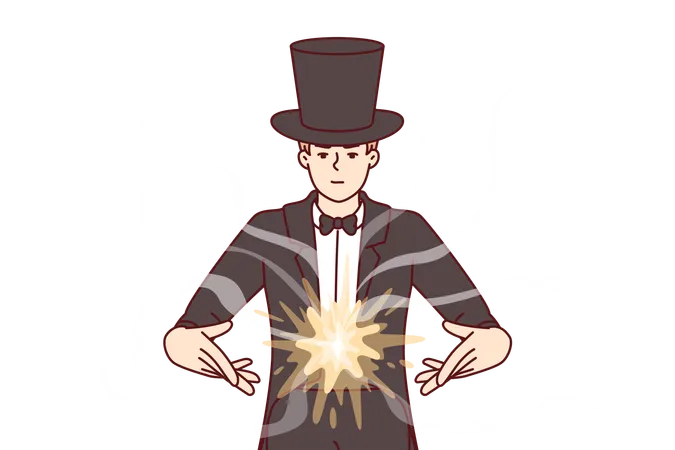 Man Magician Demonstrates Magic Tricks To Entertain Guests Of Circus Or Entertainment Event Mysterious Guy Magician In Black Tuxedo Hat Takes Part In Television Show Of Illusionists イラスト