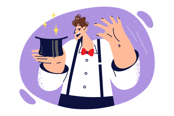 Man magician is holding hat and preparing to demonstrate magic trick  Illustration