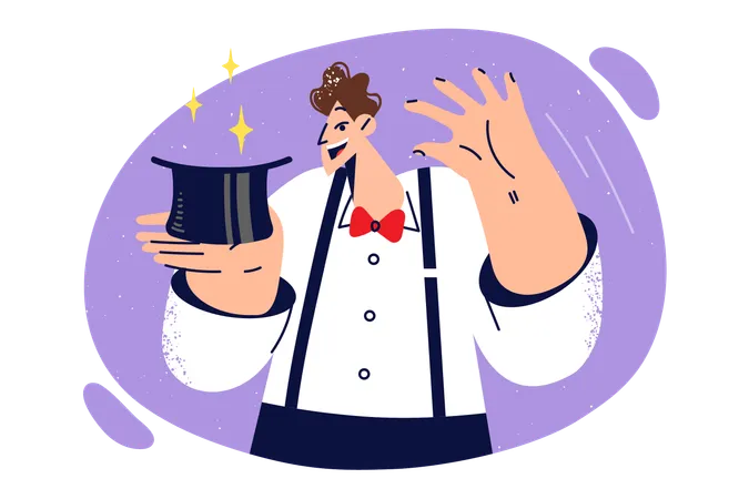 Man Magician Is Holding Hat And Preparing To Demonstrate Magic Trick Of Pulling Rabbit Out Of Headdress Magician Guy Amuses Viewer During Corporate Party Or Circus Performance In Front Of Audience 일러스트레이션
