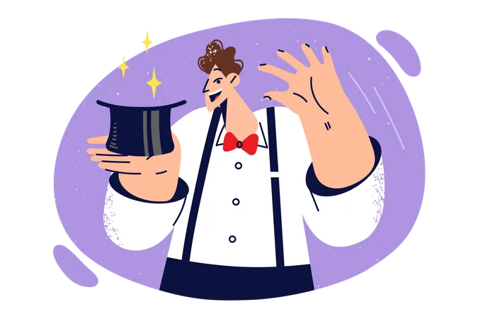 Man magician is holding hat and preparing to demonstrate magic trick  Illustration