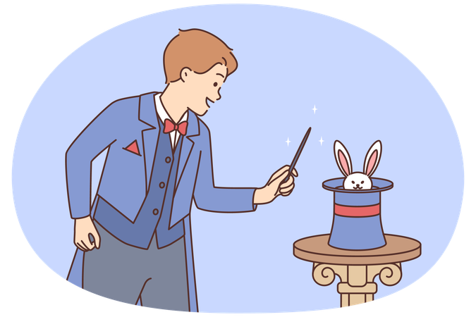 Man magician stands near hat in which rabbit is hiding in preparation for stunt  Illustration