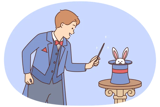 Man magician stands near hat in which rabbit is hiding in preparation for stunt  Illustration
