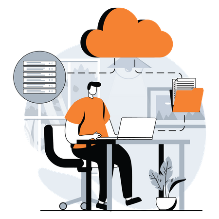 Man maintaining cloud database Illustration
