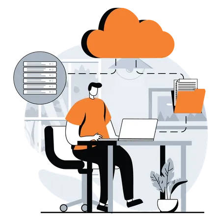 Man maintaining cloud database Illustration