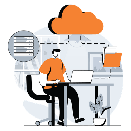 Man maintaining cloud database  Illustration