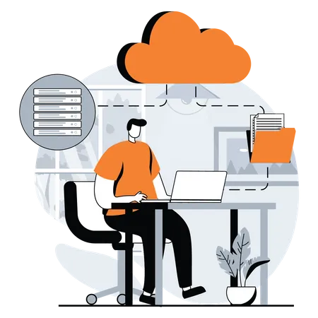 Man maintaining cloud database  Illustration