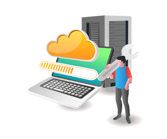 Man maintaining cloud server  Illustration
