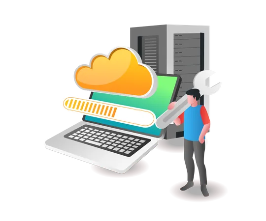Man maintaining cloud server  Illustration
