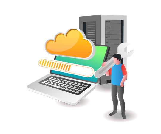 Man maintaining cloud server  Illustration