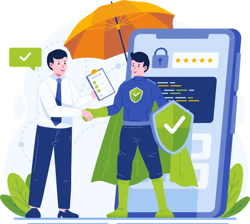 Cyber Crime Insurance Illustration A Man Makes A Deal With An Insurance Agent To Safeguard Digital Data And Information Against Cybercrime Risks Illustration
