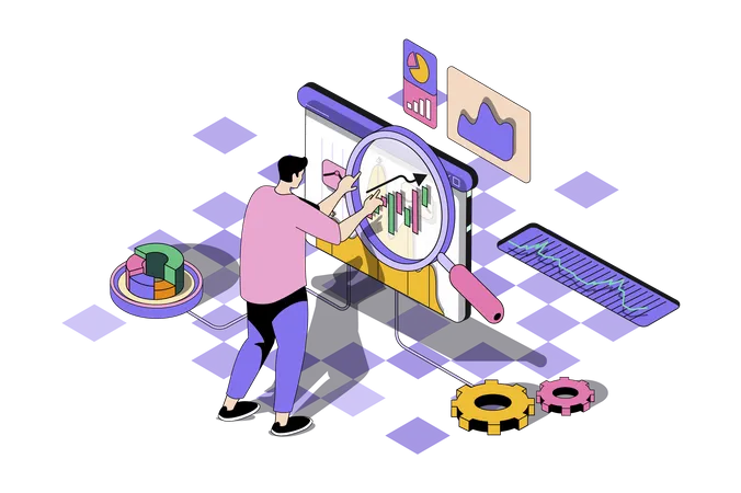 SEO Optimization Web Concept In 3 D Isometric Design Man Makes Analytics Of Internet Sites And Search Engines Optimization Using Marketing Tools Vector Web Illustration With People Isometry Scene Illustration