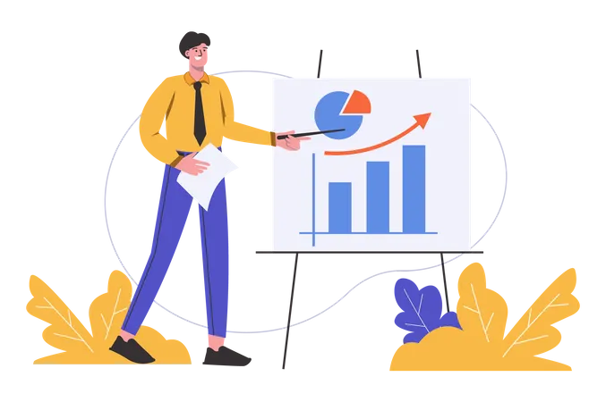 Man Makes Business Presentation At Meeting Businessman Stands By Board With Charts People Scene Isolated Company Development And Financial Report Concept Vector Illustration In Flat Minimal Design Illustration