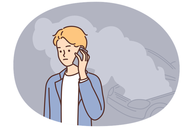 Man makes call to car repair shop after auto breaks down or coolant boils under hood  Illustration