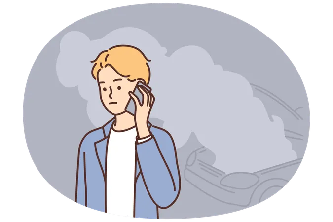 Man makes call to car repair shop after auto breaks down or coolant boils under hood  Illustration