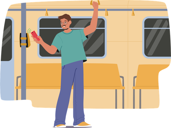 Man Makes  Contactless Payment Using Phone While Standing In Subway Train  Illustration