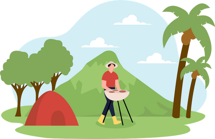 Man making a barbeque at a campsite  Illustration